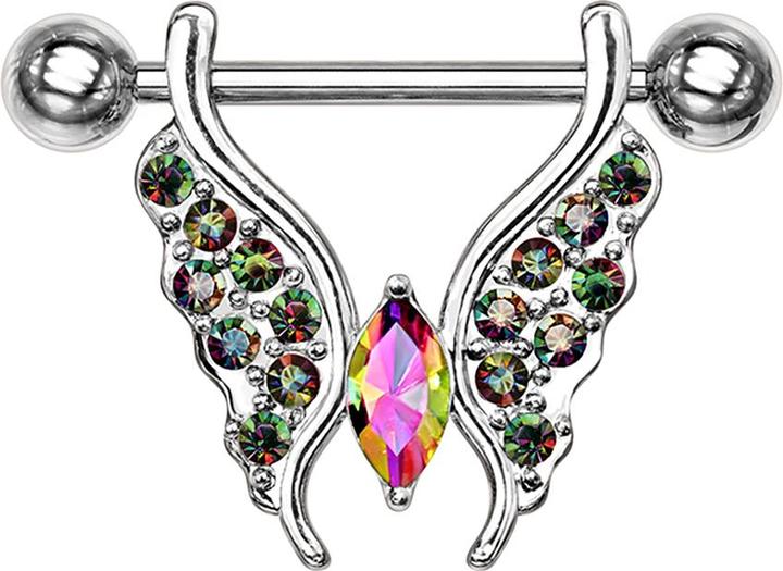 Star Piercing Barbell silber Schmetterling mit Kristallen dunkel multicolor (Chirurgenstahl 316L, Messing)