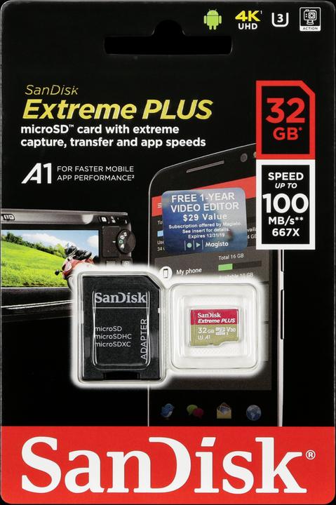 Immagine prodotto SanDisk microSDHC 100MB A1 32GB Extreme Plus A1 32GB Extreme Plus (32 GB, microSDHC, U3, UHS-I)