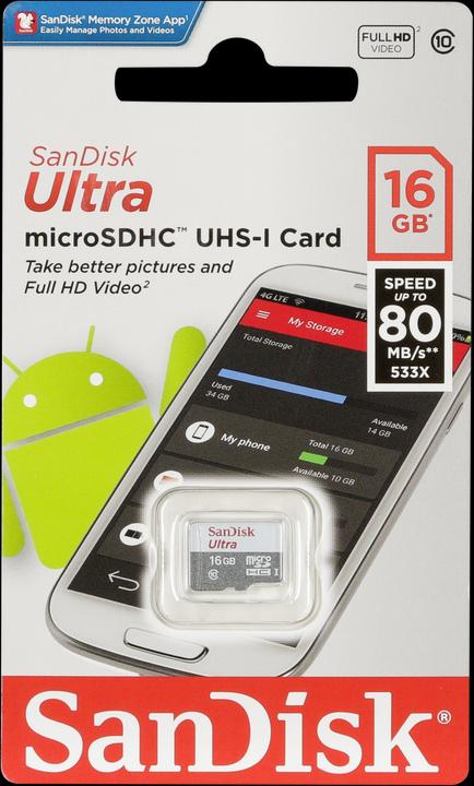 Immagine prodotto SanDisk Ultra microSDHC 16GB 80MB/s Cl. 10 (16 GB, microSDHC, U1, UHS-I)