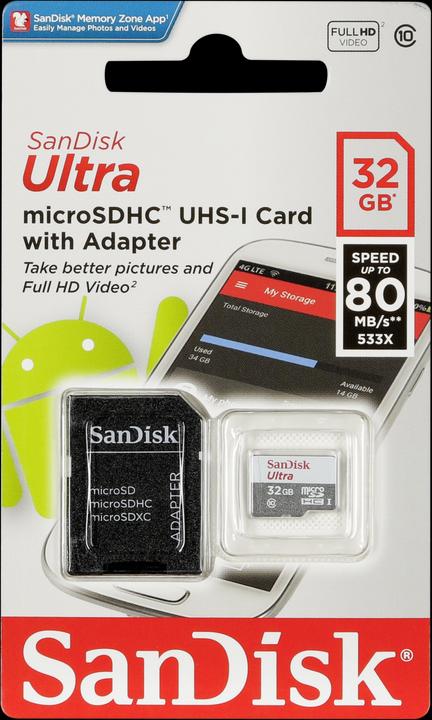 Actual product image SanDisk Ultra microSDHC 32GB 80MB/s+Adapt. (32 GB, microSDHC, U3, UHS-I)