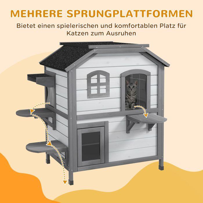 Actual product image Swisshandel24 Cat house Cat hut Cat cave, 2 floors, weatherproof, 78.1cmx55.2cmx90.8cm, white + grey (Cat)