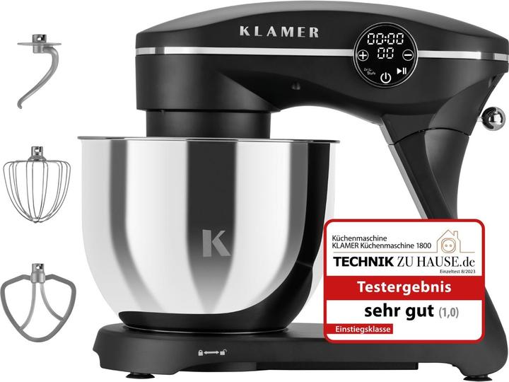 KLAMER Küchenmaschine, Knetmaschine mit 6 Liter Edelstahl Schüssel (1800 W)