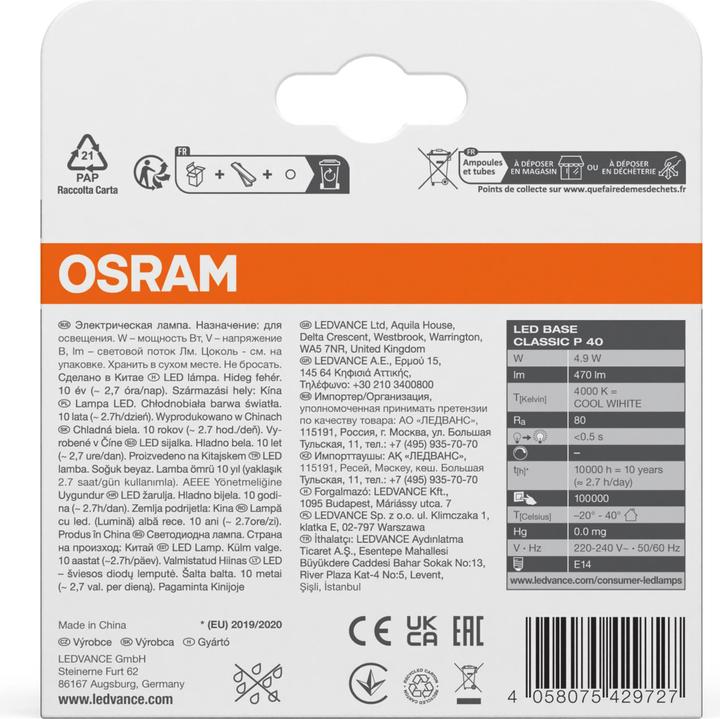 Immagine prodotto Osram Base Led Classic P (E14, 4.90 W, 470 lm, 10 x, F)
