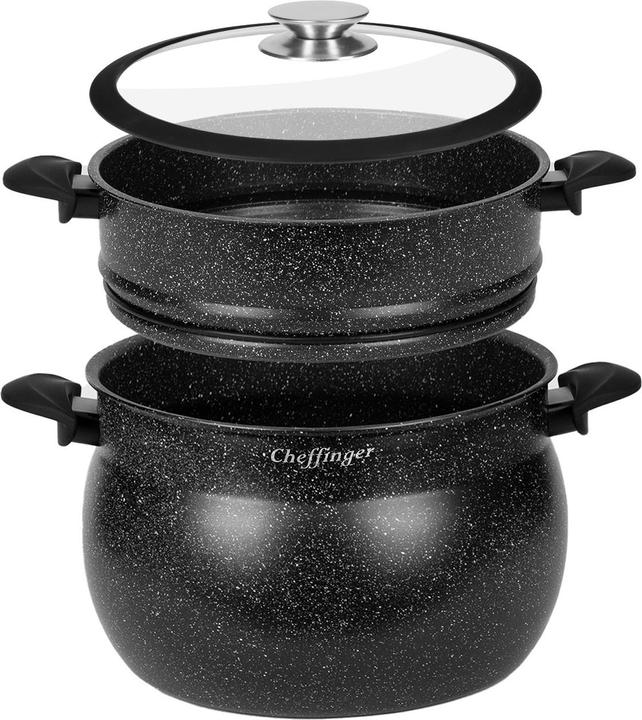 Produktbild Cheffinger Couscous-Topf mit Dampfgarer Innen Antihaftbeschichtung und Marmor-Effekt-Beschichtung 6L (20 cm, Dampfkochtopf, Aluminium)