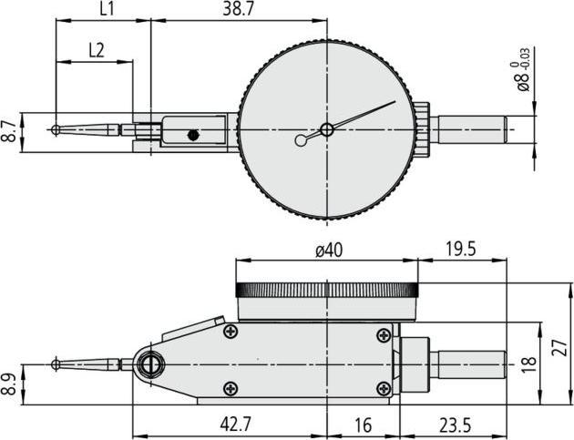 Produktbild Mitutoyo Fühlhebelmessgerät Tastarmlänge 15,2 mm, Messbereich je Richtung / Gehäuse-⌀: 0,1/40 mm (mm)