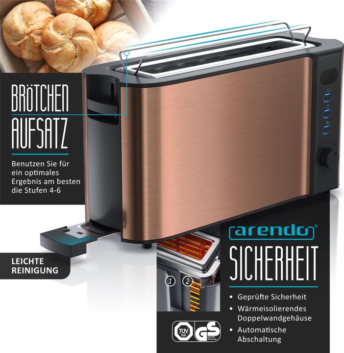 Actual product image Arendo Breakfast set, 2-slice long slot toaster with bun rack & egg cooker for 6 eggs, copper
