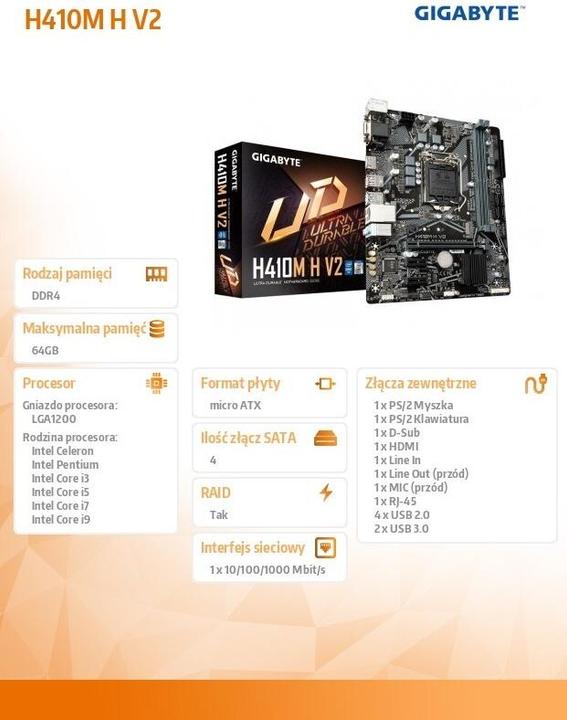 Productafbeelding Gigabyte MB H V2 H410, S1200, mATX, Intel (LGA 1200, Intel H410, mATX)
