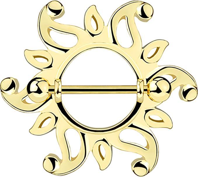 Produktbild Star Piercing Barbell 14k vergoldet mit zwei KugelnTribal Sonne (Messing, Chirurgenstahl 316L)