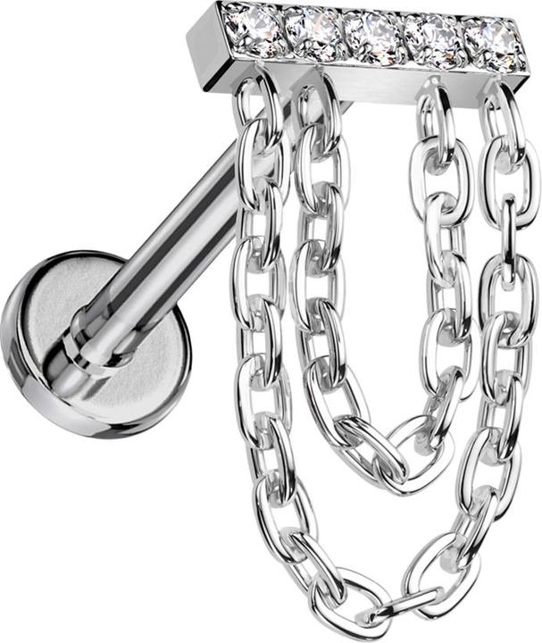 Actual product image Star Piercing Micro Labret internal thread silver bar silver crystals silver pendant two chains (without brass, Titanium G23)