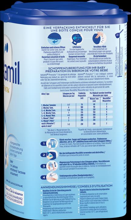 Nährwerte und Zutaten Aptamil Pronutra 1 (800 g, ab Geburt)
