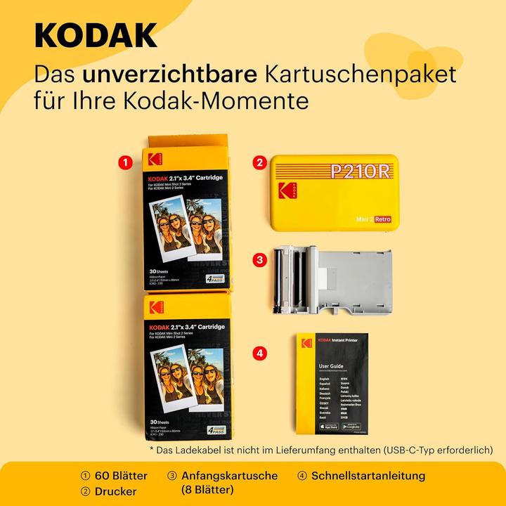 Image du produit Kodak MINI 2 RETRO P210RYK60 IMPRIMANTE PHOTO PORTABLE INSTANTANÉE BUNDLE 2.1X3.4 YELLOW (Couleur)