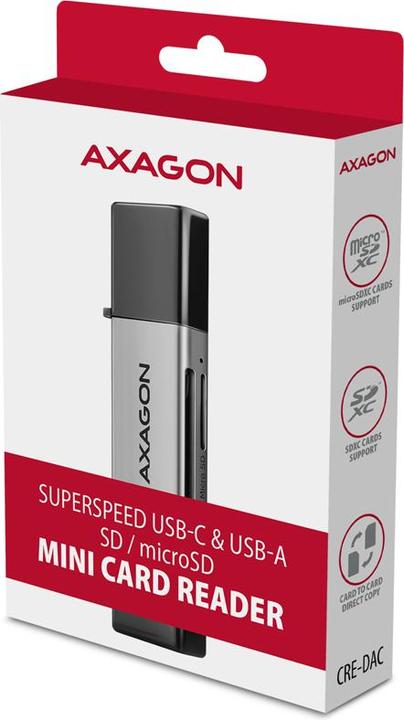 Image du produit Axagon CRE-DAC Externe USB 3.2 Gen1 Type-C+Type-A 2-slot SD/microSD (USB 3.0, Type B)