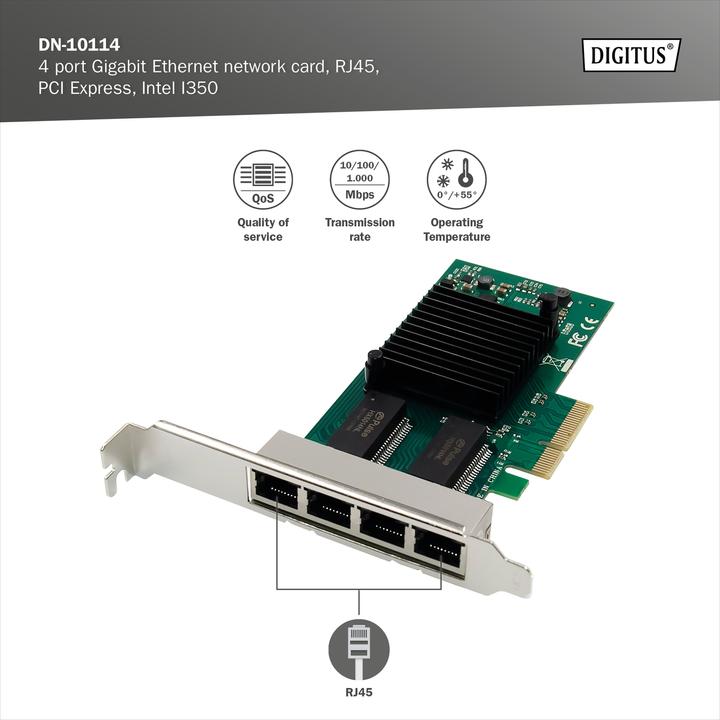 Actual product image Digitus Network Card 4Port RJ45 Intel I350 Server NIC (Mini PCI Express)