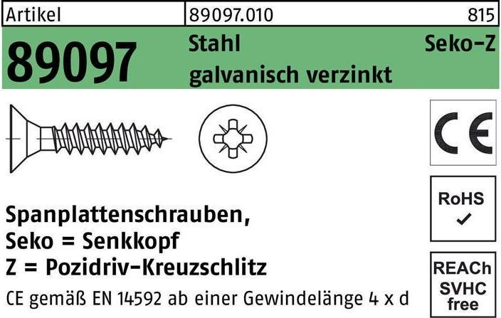 Produktbild Spanplattenschraube R 89097 SEKO Kreuzschlitz-PZ VG 5 x 50 -Z Stahl galvanisch verzinkt (500 Schrauben pro Stück)