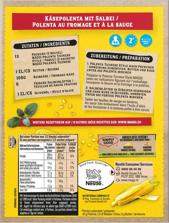 Nährwerte und Zutaten Maggi Polenta Ticinese 188 g (220 g)