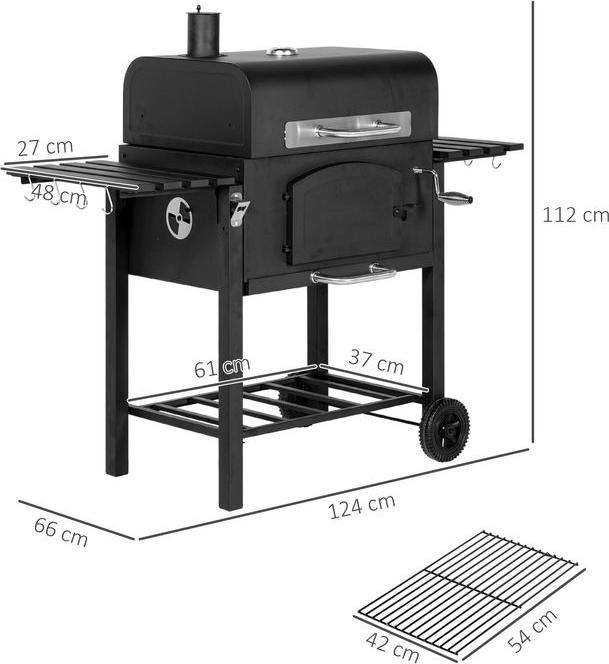 Produktbild Swisshandel24 Holzkohlegrill BBQ Gartengrill mit Deckel, Ablagen, Smoker, Warmhalteplatte, Regale, Transportrollen (54 cm)