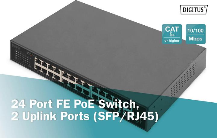 Actual product image Digitus 24 Port FE PoE Switch 2 Uplink Ports (SFP / RJ45) (24 Ports)