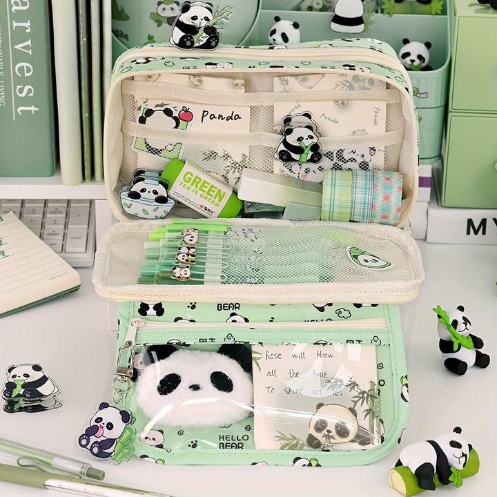 Immagine prodotto Only-Bags.Store Geräumiges Federmäppchen mit Panda-Motiv - strapazierfähiges Oxford-Gewebe, mehrlagiger Organizer