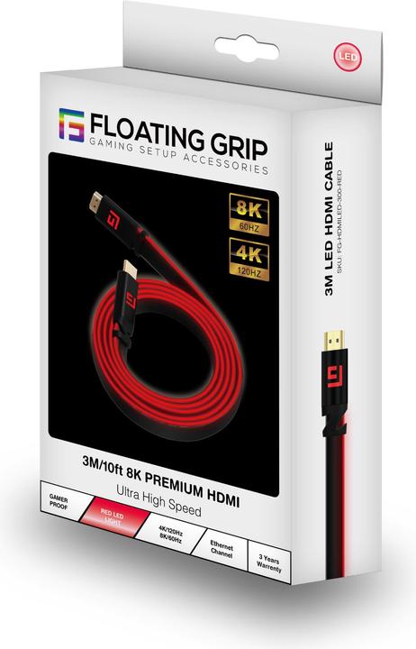 Actual product image Floating Grip HDMI Cable High Speed 8K/60Hz LED 3.0m red (3 m, HDMI)