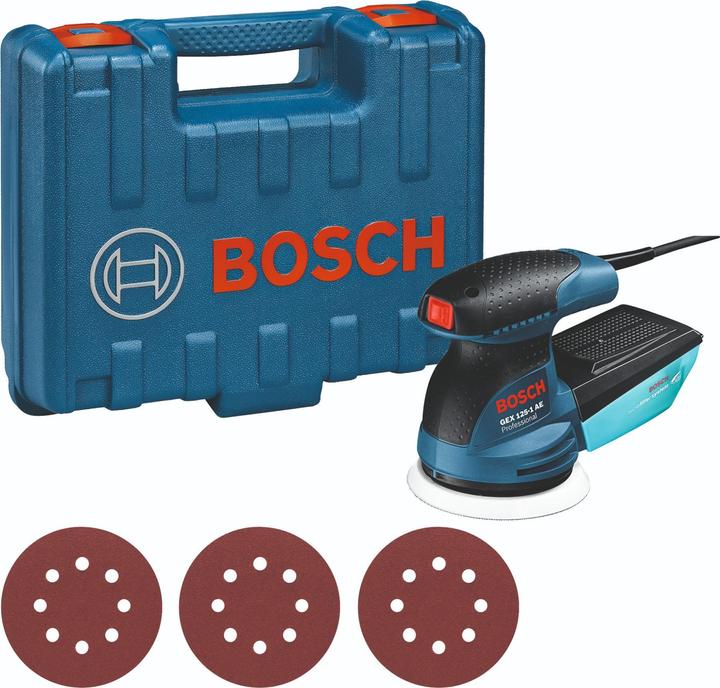 Immagine prodotto Bosch Professional Levigatrice rotorbitale GEX 125-1 AE, con 3 fogli abrasivi C470, in valigetta (Levigatrici rotorbitali, 250 W)