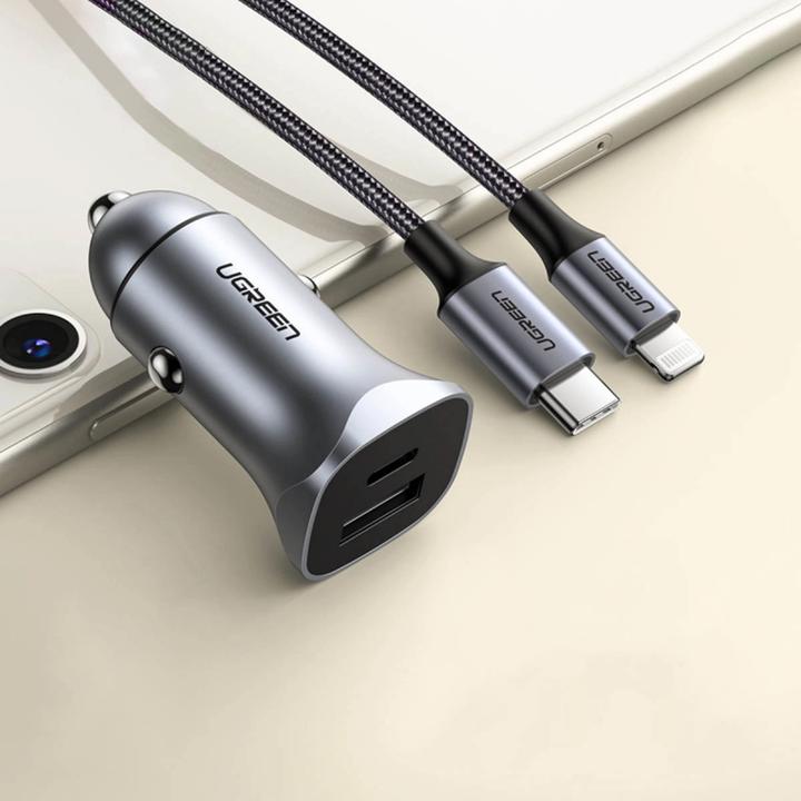 Image du produit Ugreen CD130 Car Charger, USB-A+PD 3.0, USB-C, QC3.0 30W (Grey)