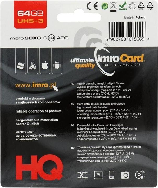Produktbild IMRO MICROSD10/64GB UHS-3 ADP (64 GB, microSDXC, U3, UHS-III)