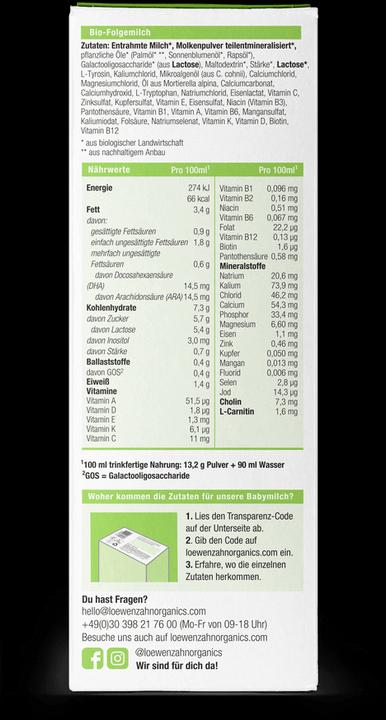 Nährwerte und Zutaten Löwenzahn Organics Bio Folgemilch 6+ (500 g, ab 6 Monaten)