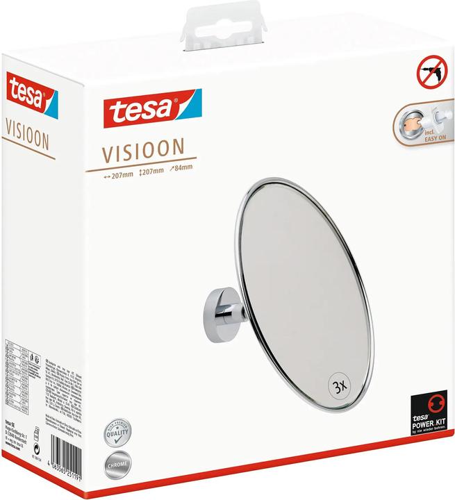Actual product image tesa VISIOON vanity mirror with 3x magnification - Mirror for wall mounting without drilling, silver