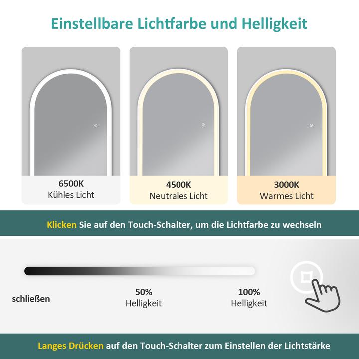 Image du produit Emke Miroir sur pied arqué avec éclairage, 3 températures de couleur, cadre en aluminium, 45x147cm, blanc