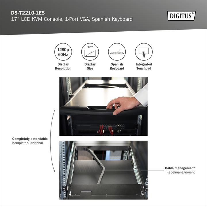 Produktbild Digitus Modulare Konsole mit 17" TFT (43,2cm), 1-Port KVM & Touchpad, spanische Tastatur