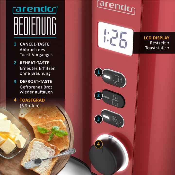 Immagine prodotto Arendo 4 Scheiben Toaster Langschlitz Edelstahl, Doppelwand, Brötchenaufsatz, Display mit Restzeitanzeige