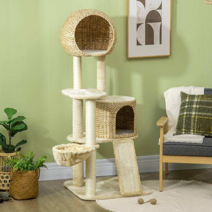 Produktbild Swisshandel24 Kratzbaum, 150 cm, Katzenbaum mit Katzenhaus, Kletterbaum mit Hängematte und Rampe, Katzenkratzbaum (150 cm, Braun, Creme)