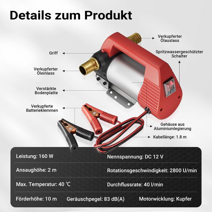 Immagine prodotto Wiltec Pompa di trasferimento autoadescante per olio bio diesel 12V/160W 40l/min H/D Portalbe