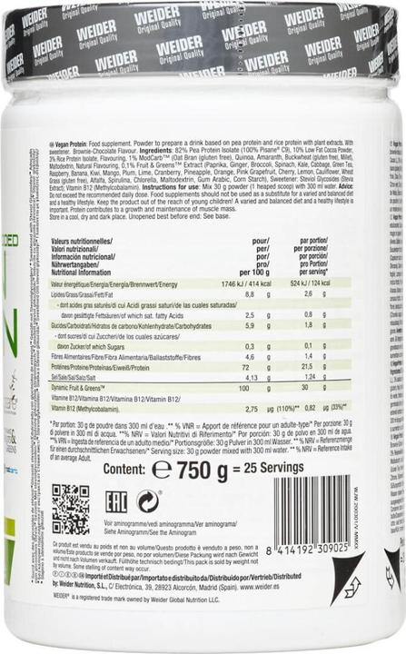 Valeurs nutritives et ingrédients Weider Protéines végétaliennes (Fraise, 750 g)