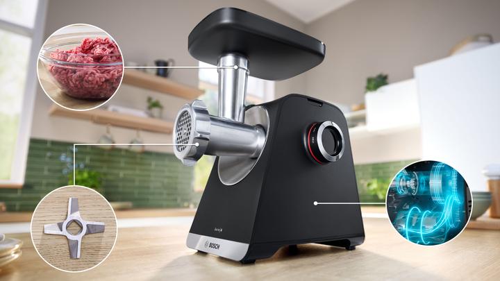 Produktbild Bosch Hausgeräte Serie 6, Fleischwolf, MultiPower Series 6, 2100 W, Schwarz, silver metalic, MFWS650B