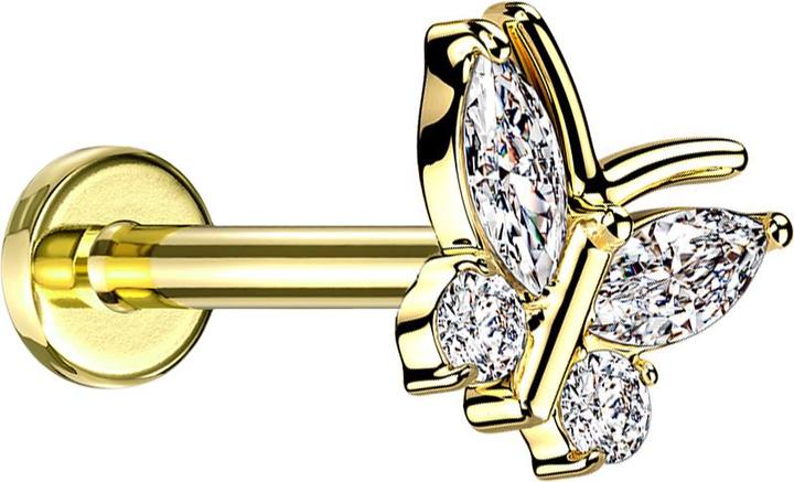 Produktbild Star Piercing Micro Labret Innengewinde vergoldet Schmetterling vier Kristalle silber (Chirurgenstahl 316L, Messing)