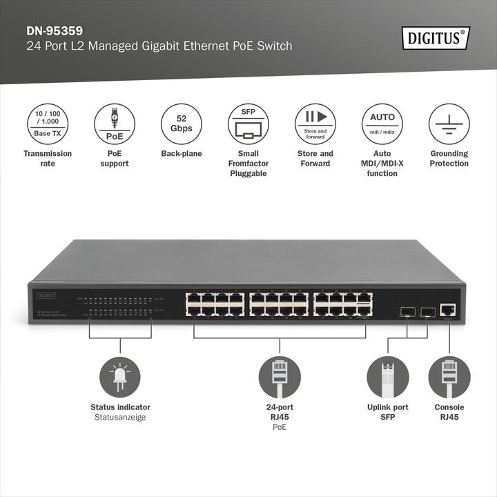 Produktbild Digitus 24 Port L2 Managed Gigabit Ethernet PoE Switch (24 Ports)