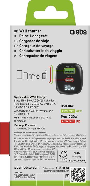 Immagine prodotto SBS Caricatore da viaggio PD 30W USB-C/18W USB LCD GaN nero (30 W)