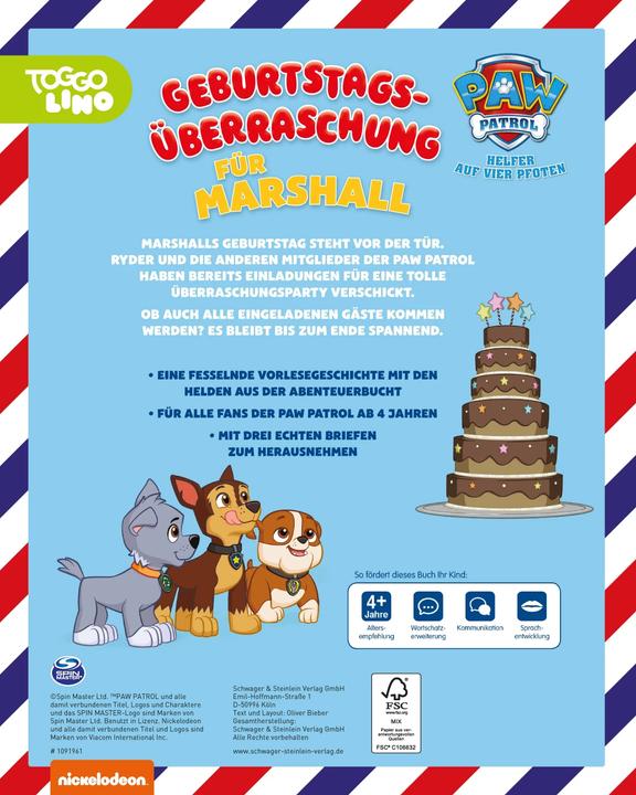 Produktbild PAW Patrol Briefe-Geschichtenbuch: Geburtstagsüberraschung für Marshall (Deutsch, Oliver Bieber, 2022)