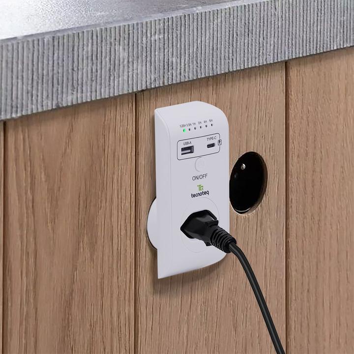 Image du produit Tecnoteq Prise de courant avec 2x port de charge USB, 3.1 A, minuterie, protection contre les surtensions