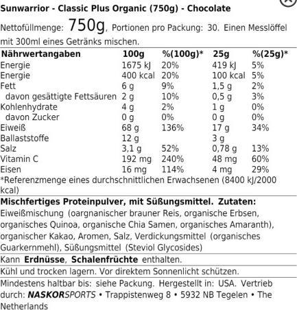 Nutritional values and ingredients Sunwarrior Protein Classic Plus Organic (Chocolate, 1 pcs., 750 g)