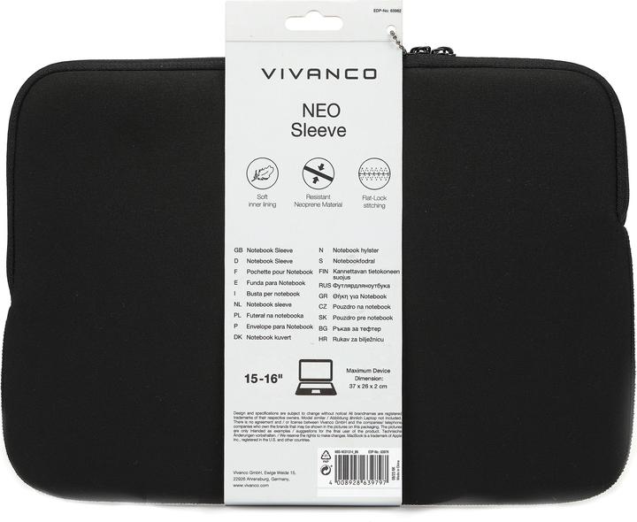 Produktbild Vivanco NEO Notebook Sleeve fuer 15-16" Geraete, schwarz Neopren (16")
