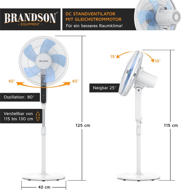 Immagine prodotto Brandson Ventilatore da piedistallo, motore DC, telecomando, risparmio energetico, timer, silenzioso (56 dB)