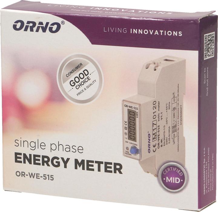 Image du produit Orno Compteur d'électricité monophasé 100A, multitarif, connexion RS-485, MID, 1 module, DIN TH-35mm