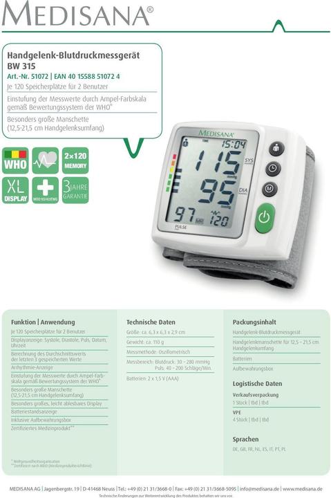 Image du produit Medisana Bw 315 (Tensiomètre au poignet)