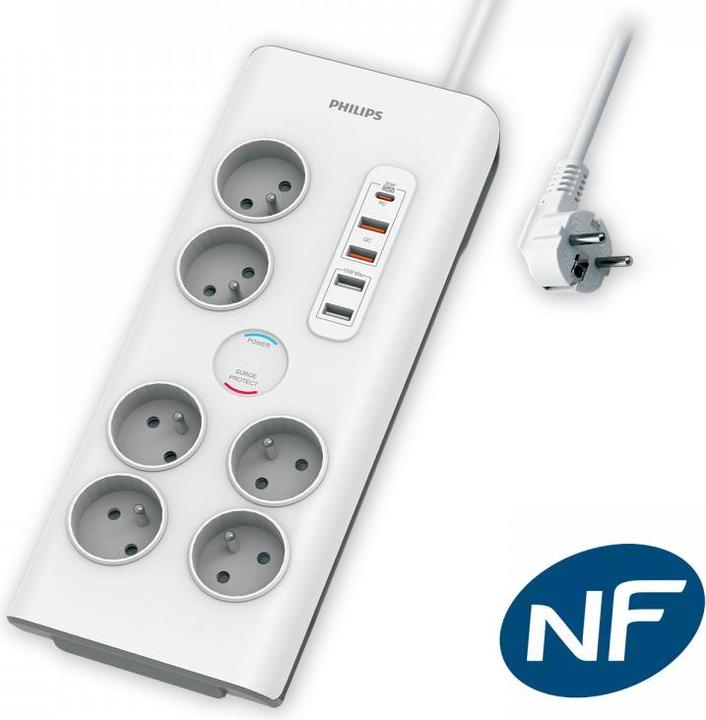 MCL PHILIPS Rallonge multiprise parasurtenseur 6 prises chargeur Type-C et 4 USB-A 2m Blanc