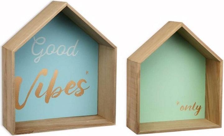 Natura Punto Décoration murale, 2 maisons en bois, pastel avec impression, 11 x 35 x30cm