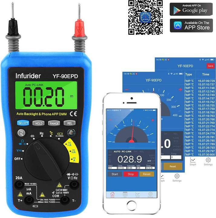 Actual product image Infurider Digitales Bluetooth-Multimeter YF-90EPD (Auto-Range)