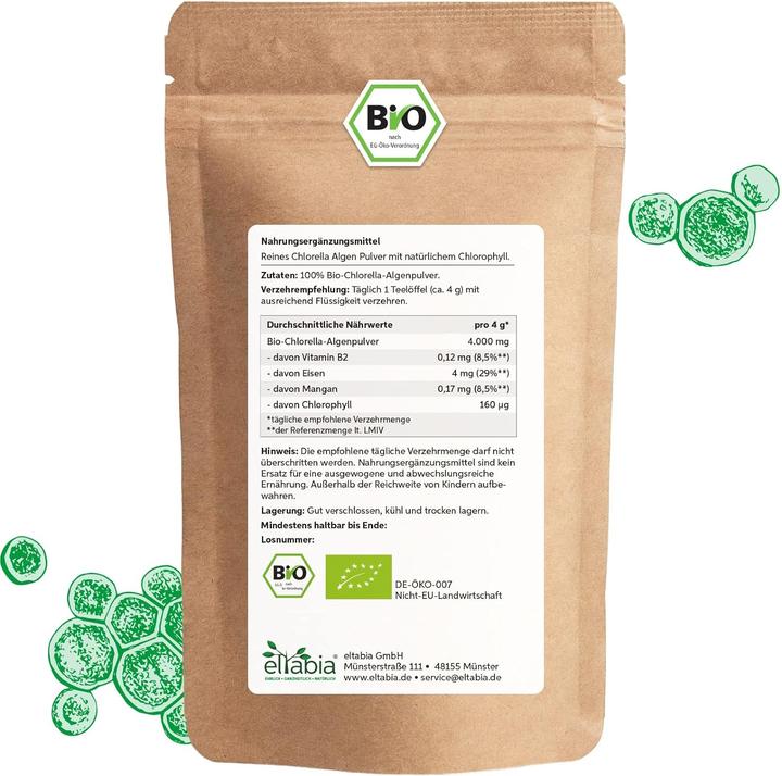 Produktbild Eltabia Bio Chlorella Pulver | Premium Rohkost-Qualität | 100% reines Algen-Pulver ohne Zusätz (Pulver, 100 g)