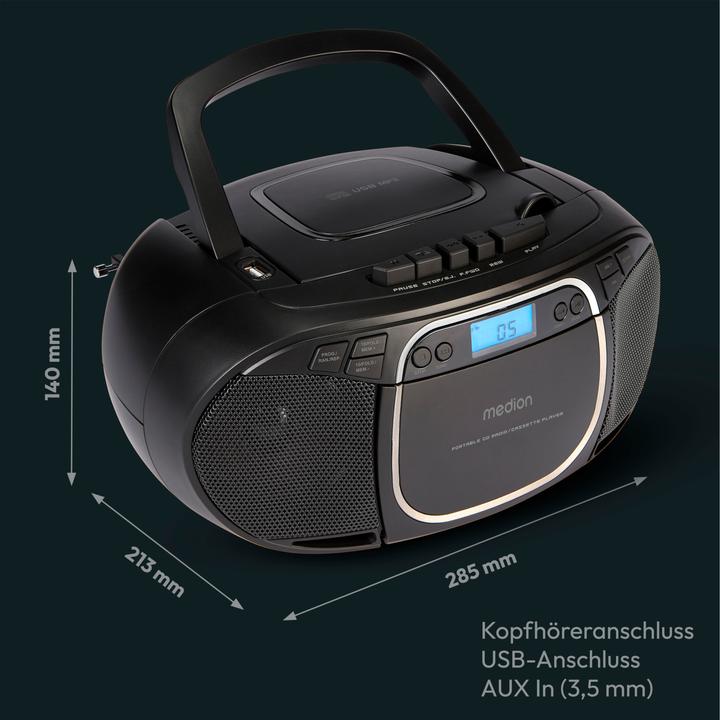 Image du produit Medion E66476 - Radio - Lecteur CD/MP3/cassettes - écran LCD - stéréo PLL-FM - USB - 2 x 20 W - Noir (VHF, AM, FM, PLL)